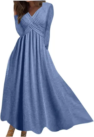 Dresses for Women Crisscross Twist Front V Neck Casual Short Sleeve Maxi Dress Pleated Beach Smocked Wedding Dress