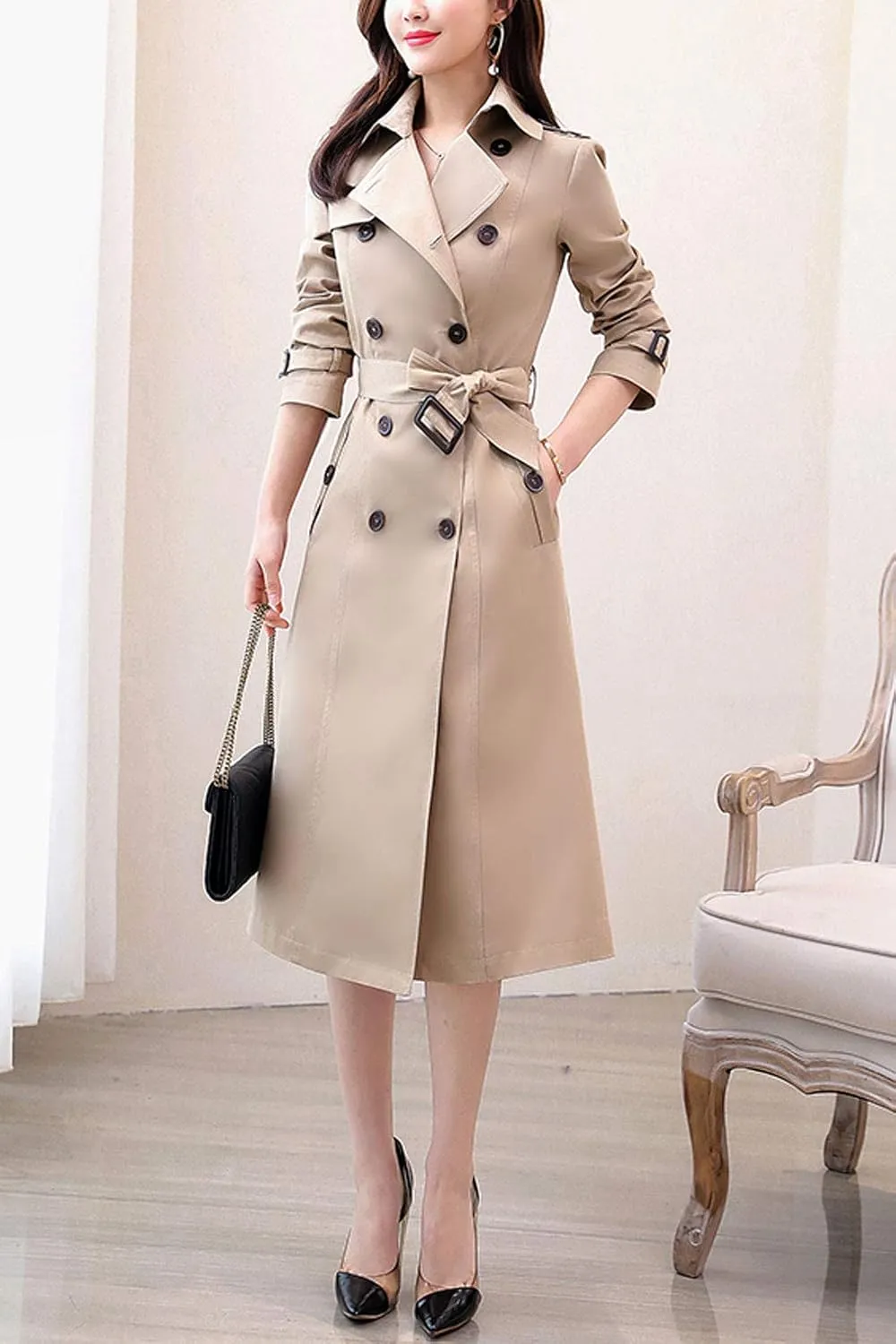 ebossy Women's Classic Double Breasted Midi-Length Trench Coat with Belt