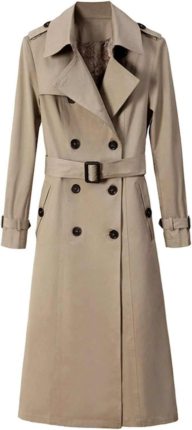 ebossy Women's Classic Double Breasted Midi-Length Trench Coat with Belt