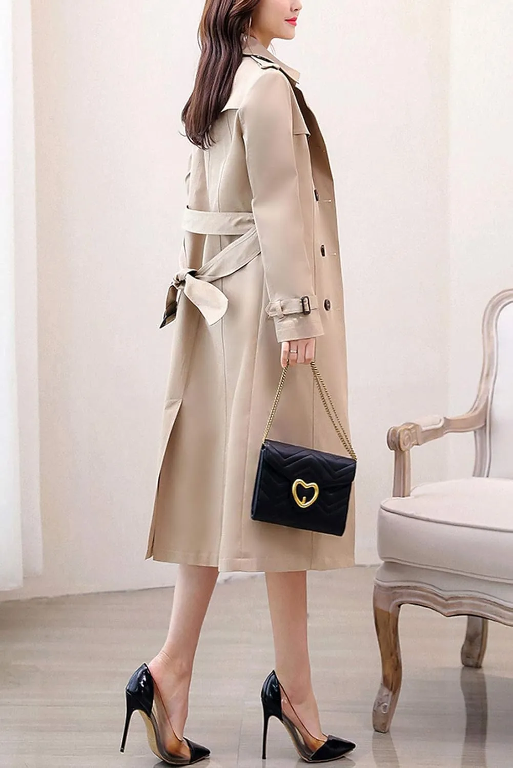 ebossy Women's Classic Double Breasted Midi-Length Trench Coat with Belt