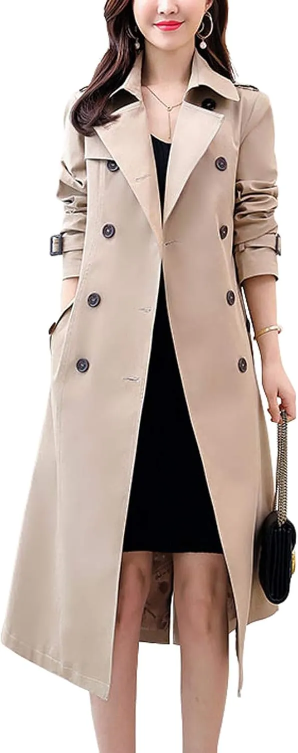 ebossy Women's Classic Double Breasted Midi-Length Trench Coat with Belt