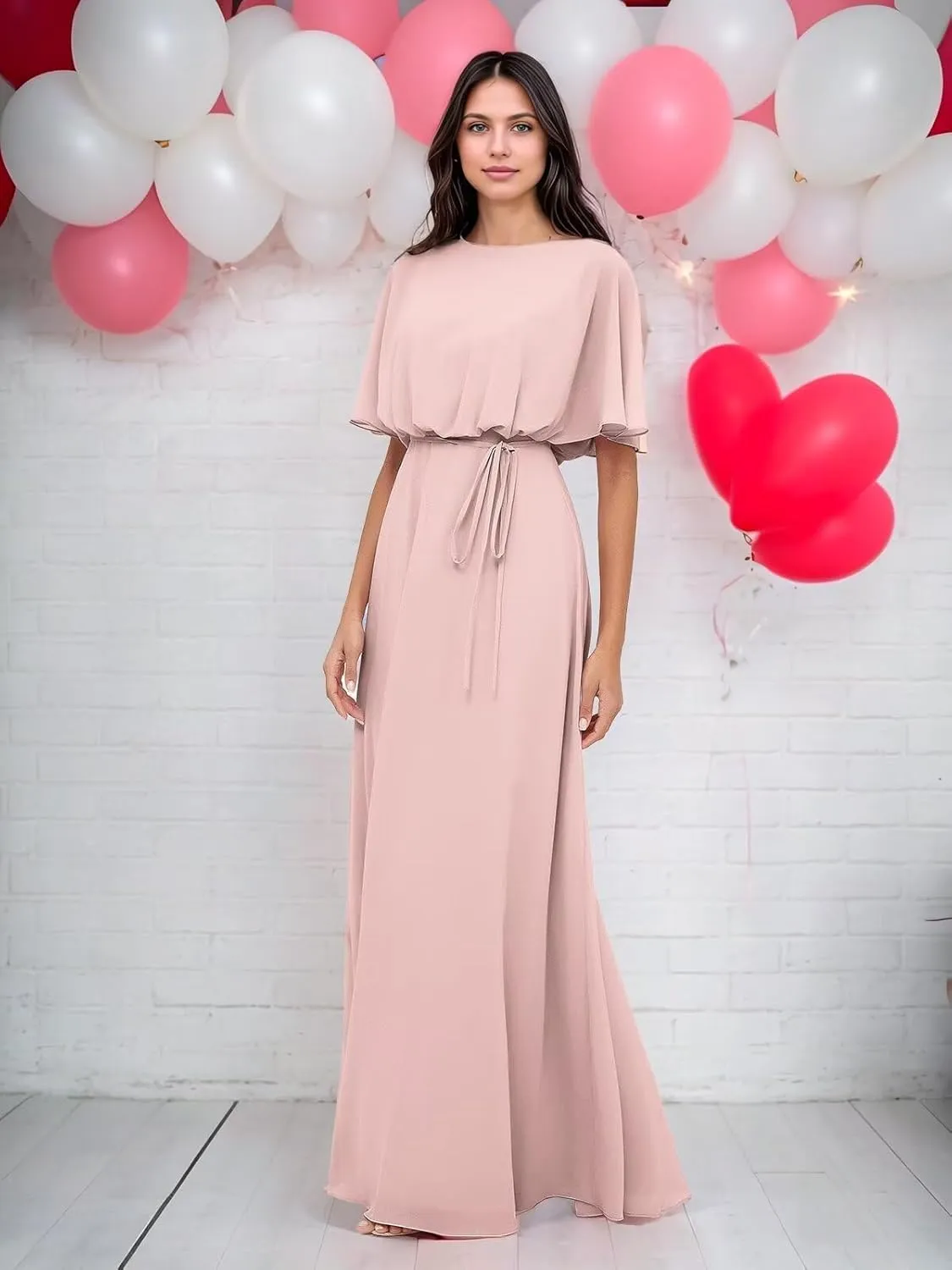 Elegant 2025 Chiffon Bridesmaid Dresses with Wrap A-Line Floor Length Short Sleeves for Formal Evening Party Gowns DR0758