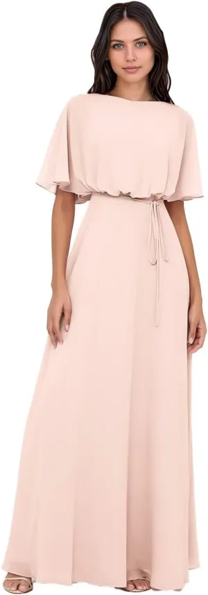 Elegant 2025 Chiffon Bridesmaid Dresses with Wrap A-Line Floor Length Short Sleeves for Formal Evening Party Gowns DR0758