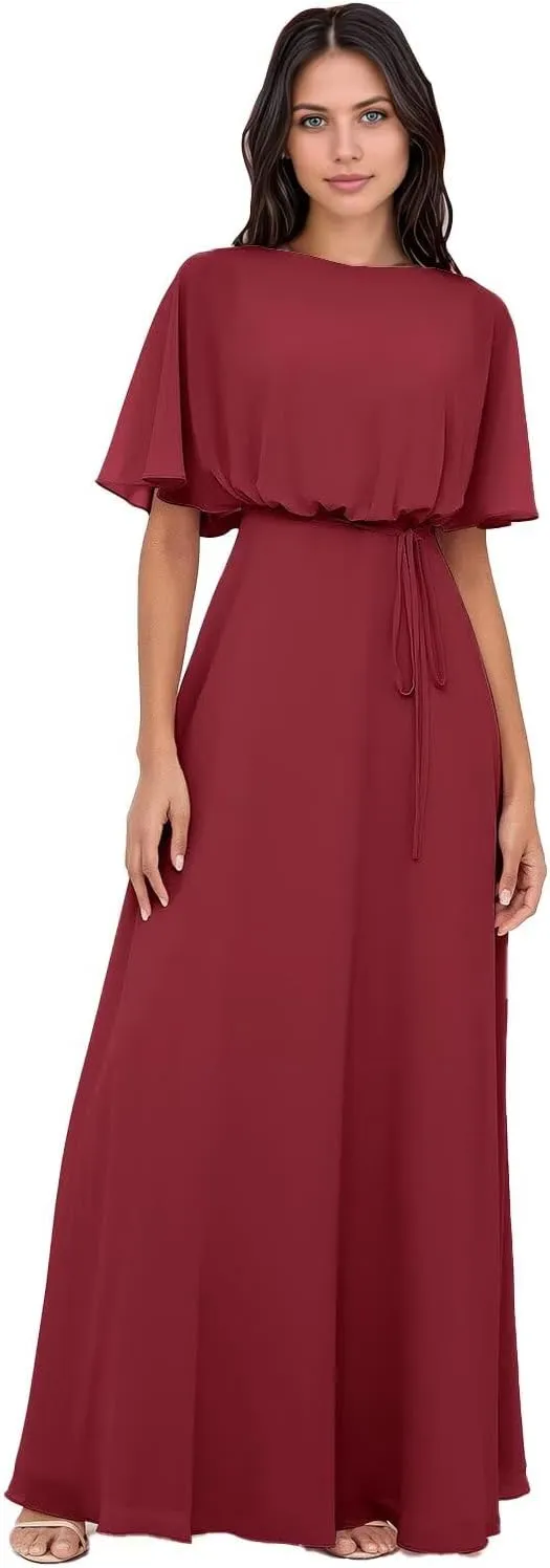 Elegant 2025 Chiffon Bridesmaid Dresses with Wrap A-Line Floor Length Short Sleeves for Formal Evening Party Gowns DR0758