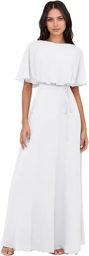 Elegant 2025 Chiffon Bridesmaid Dresses with Wrap A-Line Floor Length Short Sleeves for Formal Evening Party Gowns DR0758