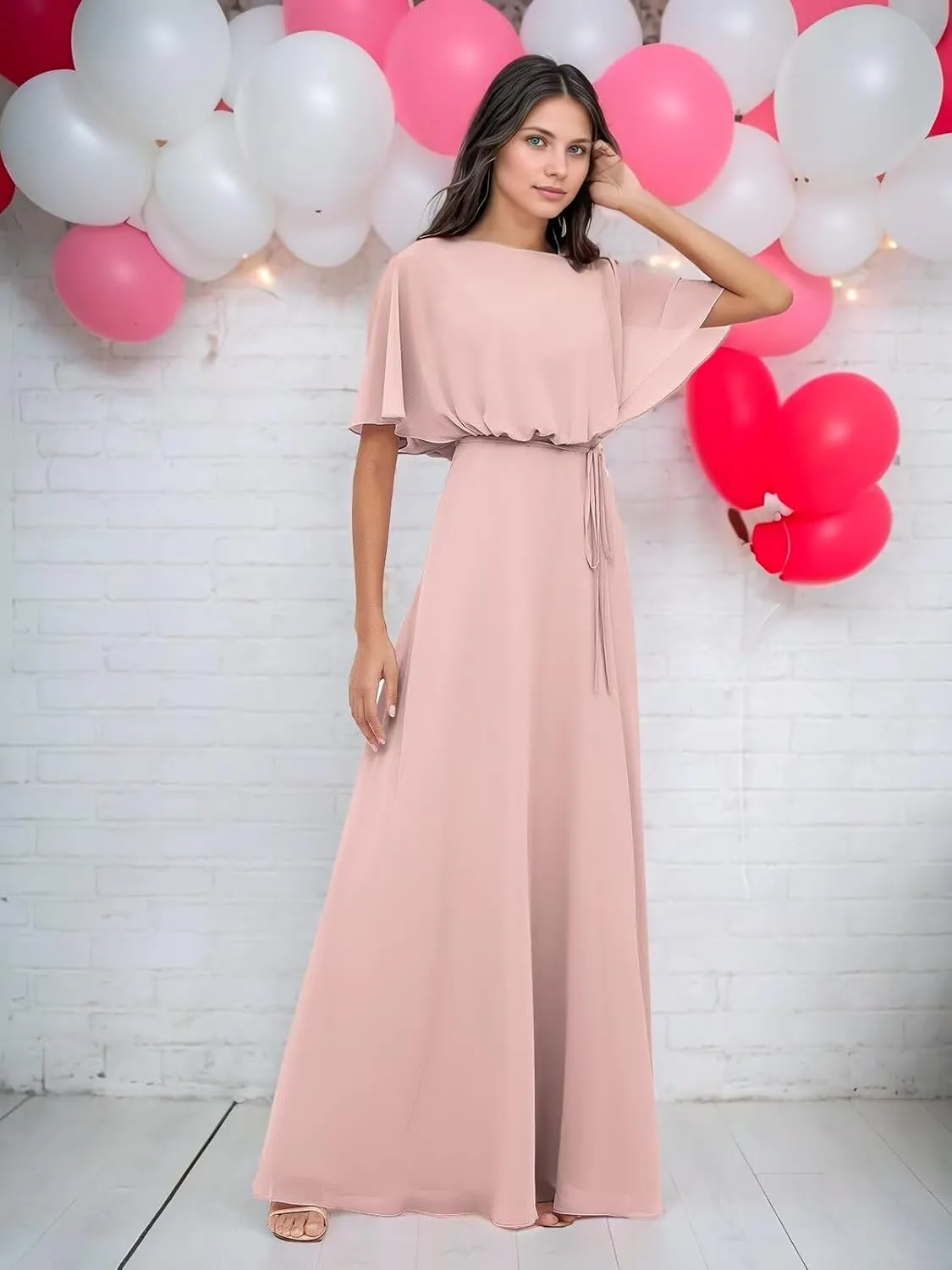 Elegant 2025 Chiffon Bridesmaid Dresses with Wrap A-Line Floor Length Short Sleeves for Formal Evening Party Gowns DR0758