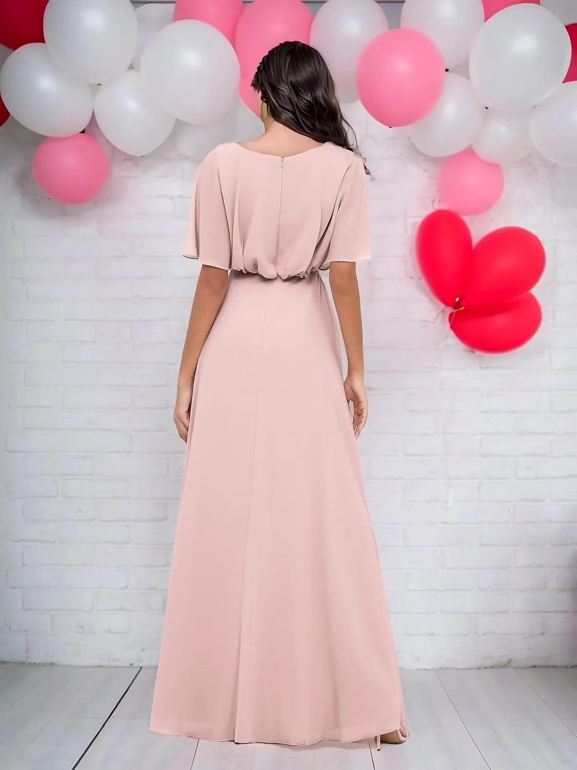 Elegant 2025 Chiffon Bridesmaid Dresses with Wrap A-Line Floor Length Short Sleeves for Formal Evening Party Gowns DR0758