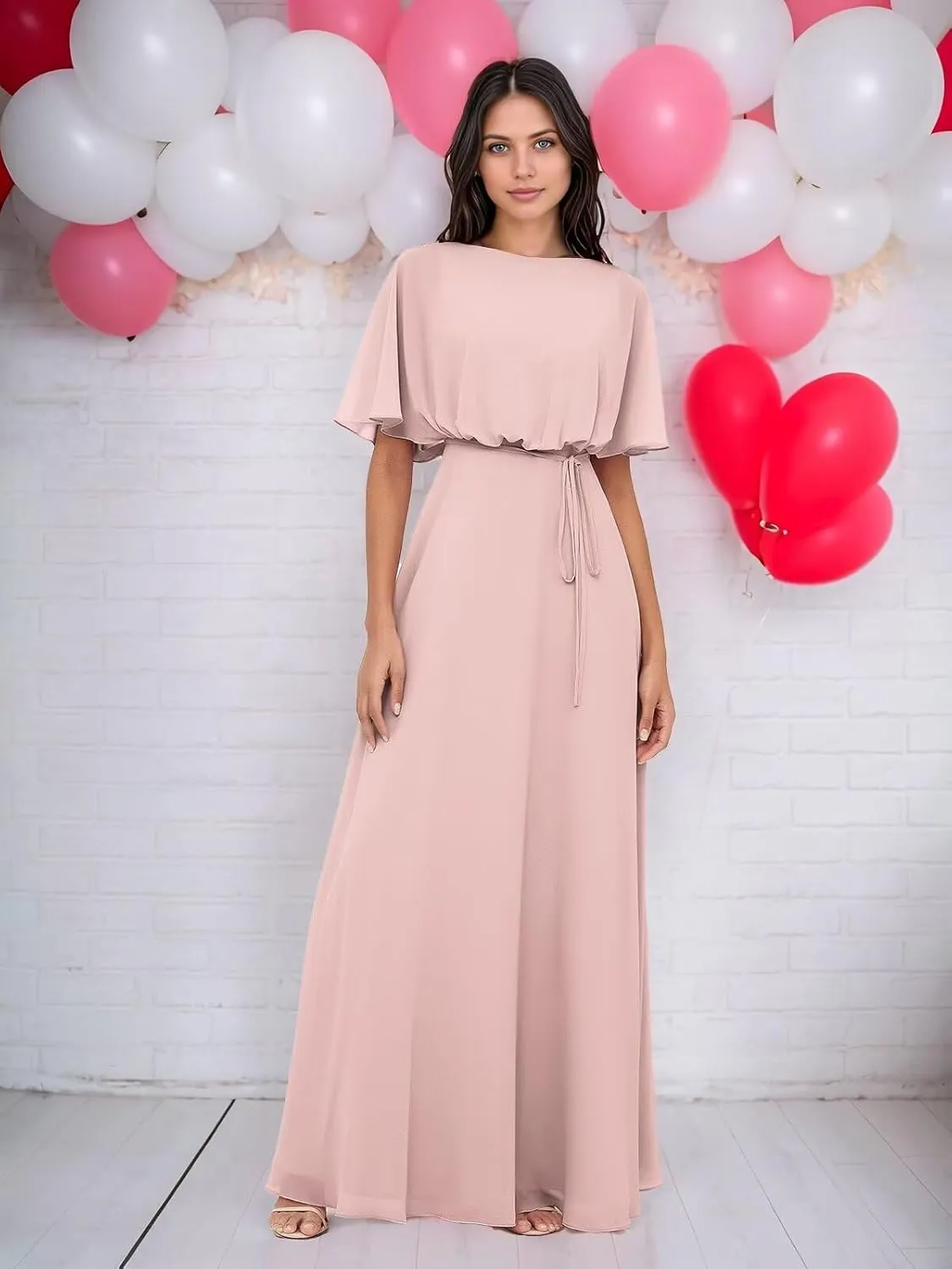 Elegant 2025 Chiffon Bridesmaid Dresses with Wrap A-Line Floor Length Short Sleeves for Formal Evening Party Gowns DR0758