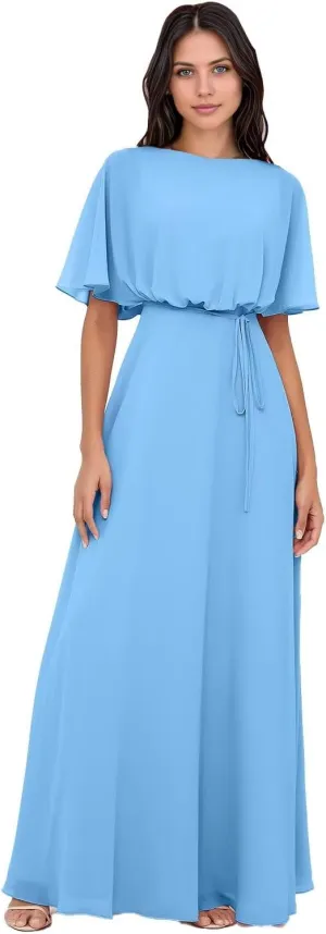 Elegant 2025 Chiffon Bridesmaid Dresses with Wrap A-Line Floor Length Short Sleeves for Formal Evening Party Gowns DR0758