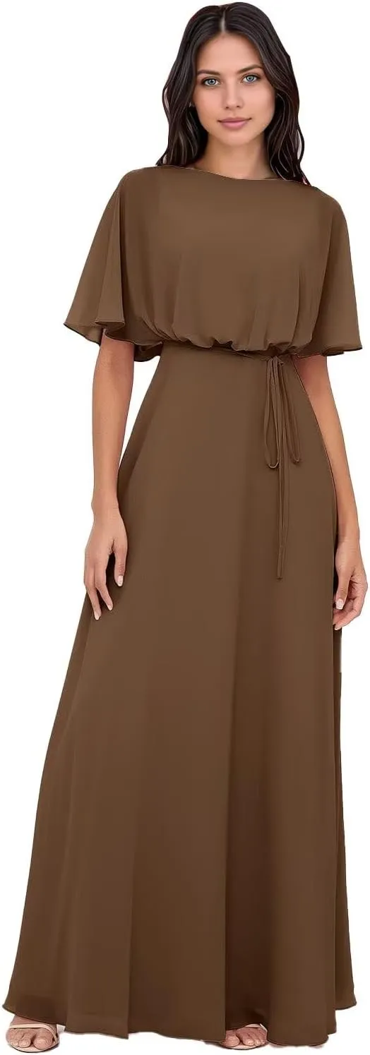 Elegant 2025 Chiffon Bridesmaid Dresses with Wrap A-Line Floor Length Short Sleeves for Formal Evening Party Gowns DR0758