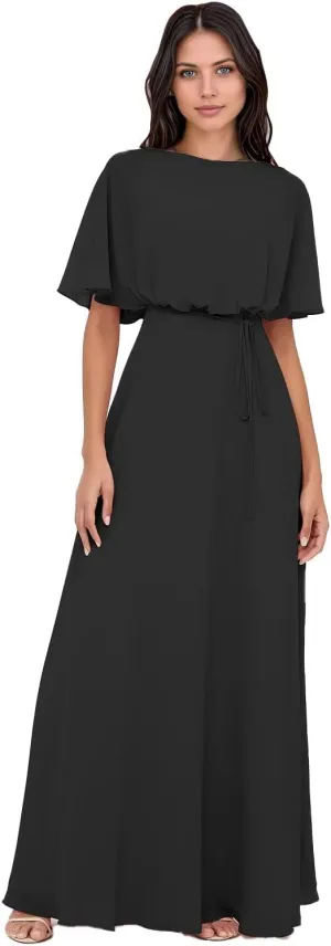 Elegant 2025 Chiffon Bridesmaid Dresses with Wrap A-Line Floor Length Short Sleeves for Formal Evening Party Gowns DR0758