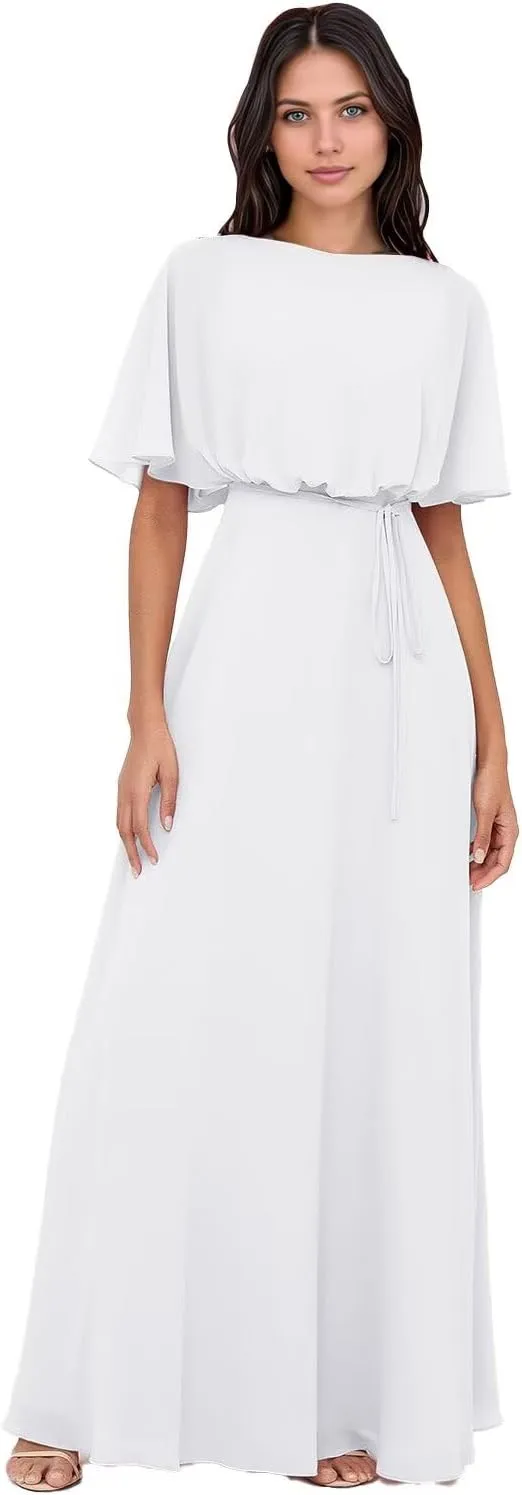 Elegant 2025 Chiffon Bridesmaid Dresses with Wrap A-Line Floor Length Short Sleeves for Formal Evening Party Gowns DR0758