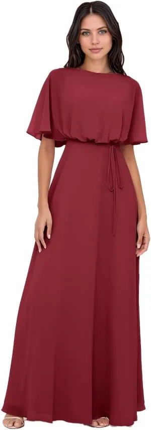 Elegant 2025 Chiffon Bridesmaid Dresses with Wrap A-Line Floor Length Short Sleeves for Formal Evening Party Gowns DR0758