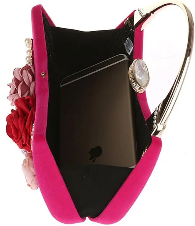 ELEOPTION Women's Flower Evening Bag Clutch Purse Handbag Metal Frame Large Clutch Bag Wedding Hand Bag Carved Handle