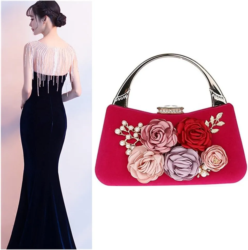 ELEOPTION Women's Flower Evening Bag Clutch Purse Handbag Metal Frame Large Clutch Bag Wedding Hand Bag Carved Handle