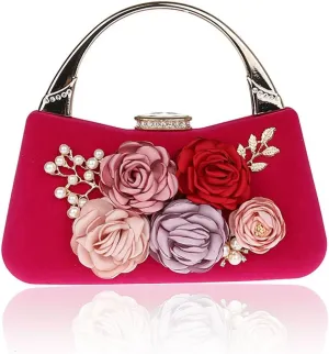 ELEOPTION Women's Flower Evening Bag Clutch Purse Handbag Metal Frame Large Clutch Bag Wedding Hand Bag Carved Handle
