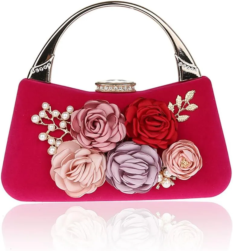 ELEOPTION Women's Flower Evening Bag Clutch Purse Handbag Metal Frame Large Clutch Bag Wedding Hand Bag Carved Handle