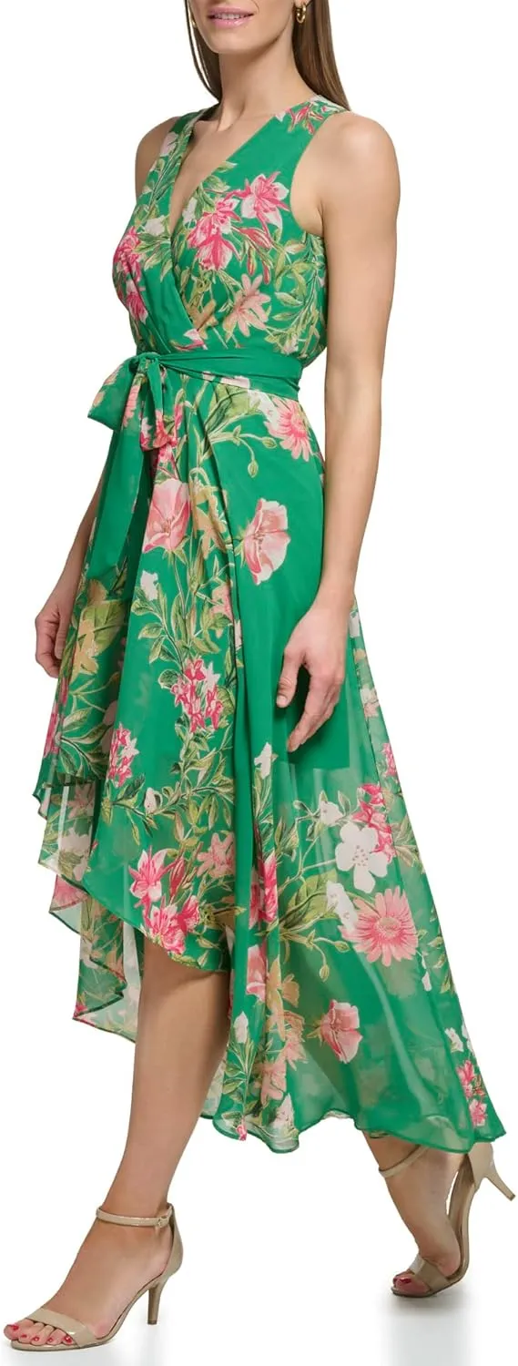 Eliza J Women's Surplus Hi Lo Maxi Style Printed Chiffon Sleeveless Vneck Floral Dress