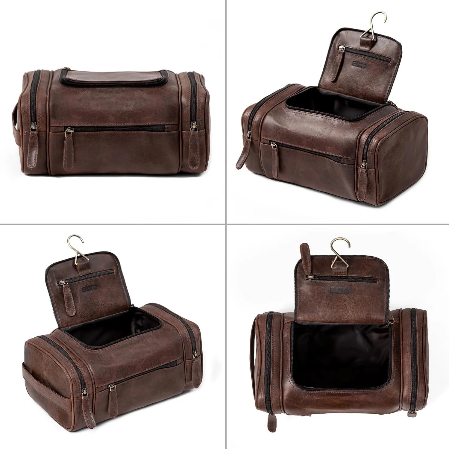 ELIZO Leather Toiletry Bag For Men Women LARGE DoppKit Mens Hanging Toiletry Bag (PREMIUM LEATHER) Travel Bag for Traveling Cosmetic Toiletries Bag Shaving Bag (Walnut)