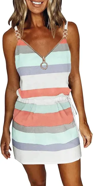 ETCYY Womens Summer Dress 2025 Sleeveless Sundresses Tie Back Flowy A-Line Double Layer Hem Boho Mini Striped Dresses