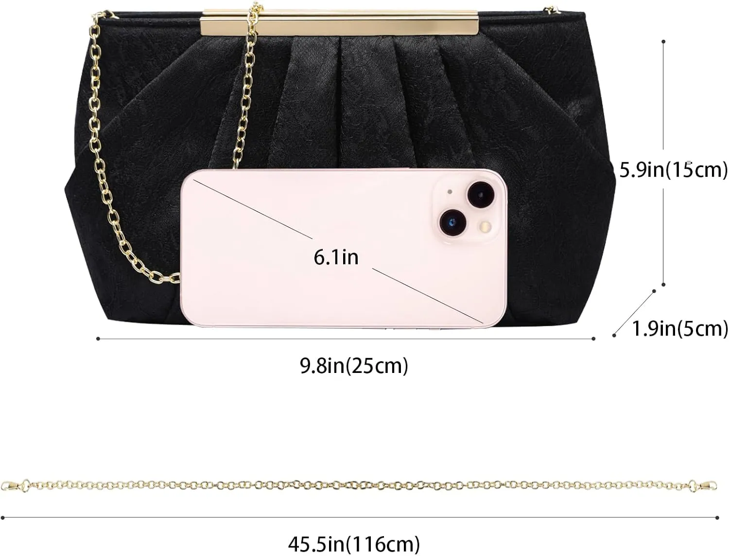 Evening Clutch Purse Bag, Fashion Bridal Bag in Pleated Satin with Chain Strap for Wedding Prom Formal Party