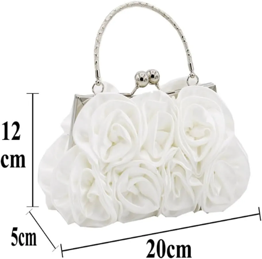 Evening Clutch Satin Floral Fabric Bag Evening Bag Dress Bag Bridal Bag for Wedding, Party, Prom(White)