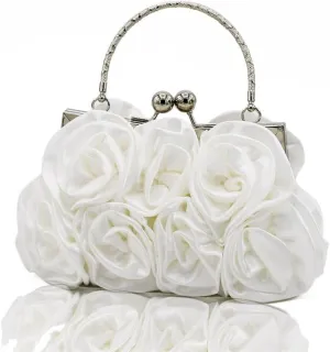 Evening Clutch Satin Floral Fabric Bag Evening Bag Dress Bag Bridal Bag for Wedding, Party, Prom(White)