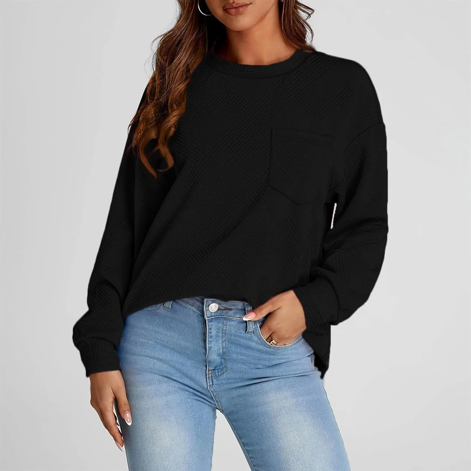 Fall Fashion Sweatshirts For Women 2024 Long Sleeve Crew Neck Sweatshirt Casual Loose Textured Pullover Tops