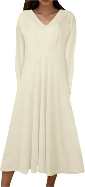 Fall Maxi Dresses for Women 2024 Trendy Long Sleeve V Neck High Waist Long Dress Flowy Swing Pleated Midi Dresses Dresses for Women Khaki 2X