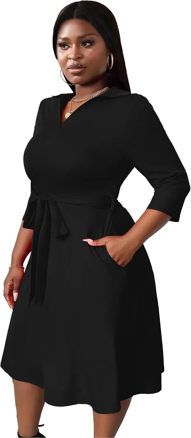 FANDEE Plus Size Midi Dress for Women - Printing Summer Dresses for Wedding Guest Cocktail Party 3/4 Sleeve V NeckXL-5XL