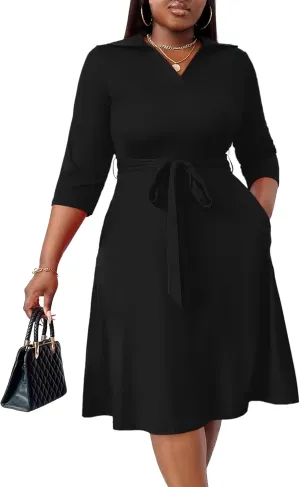 FANDEE Plus Size Midi Dress for Women - Printing Summer Dresses for Wedding Guest Cocktail Party 3/4 Sleeve V NeckXL-5XL