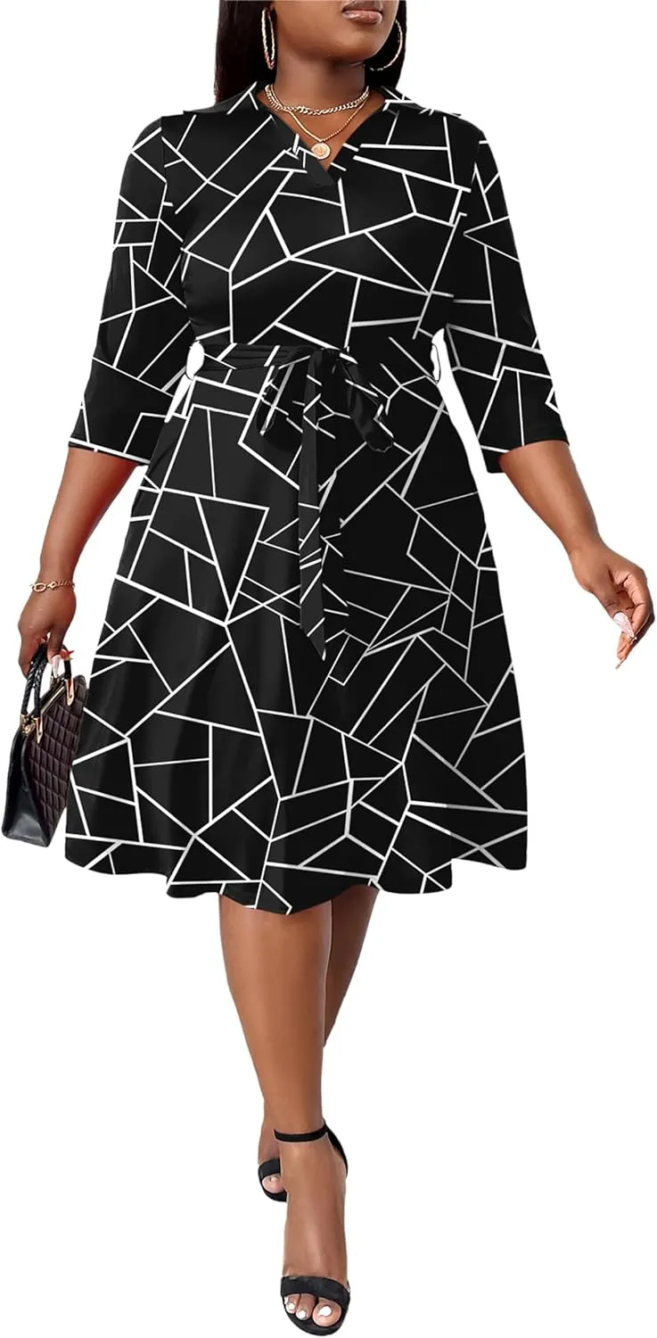 FANDEE Plus Size Midi Dress for Women - Printing Summer Dresses for Wedding Guest Cocktail Party 3/4 Sleeve V NeckXL-5XL
