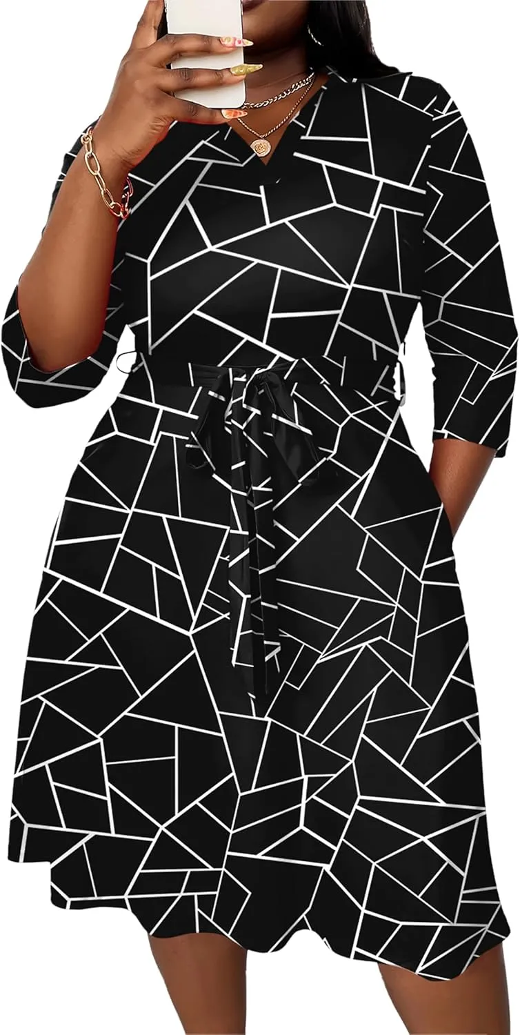 FANDEE Plus Size Midi Dress for Women - Printing Summer Dresses for Wedding Guest Cocktail Party 3/4 Sleeve V NeckXL-5XL