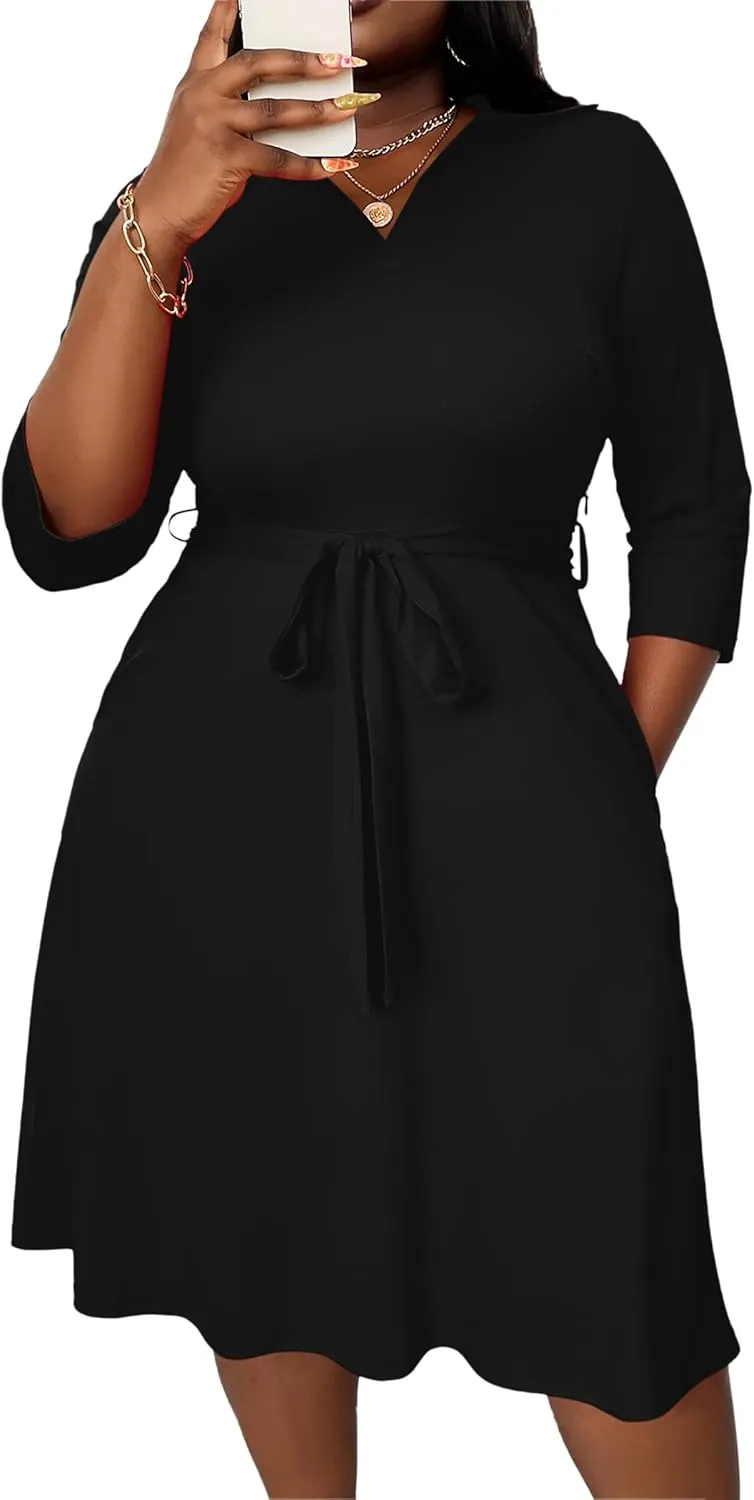FANDEE Plus Size Midi Dress for Women - Printing Summer Dresses for Wedding Guest Cocktail Party 3/4 Sleeve V NeckXL-5XL