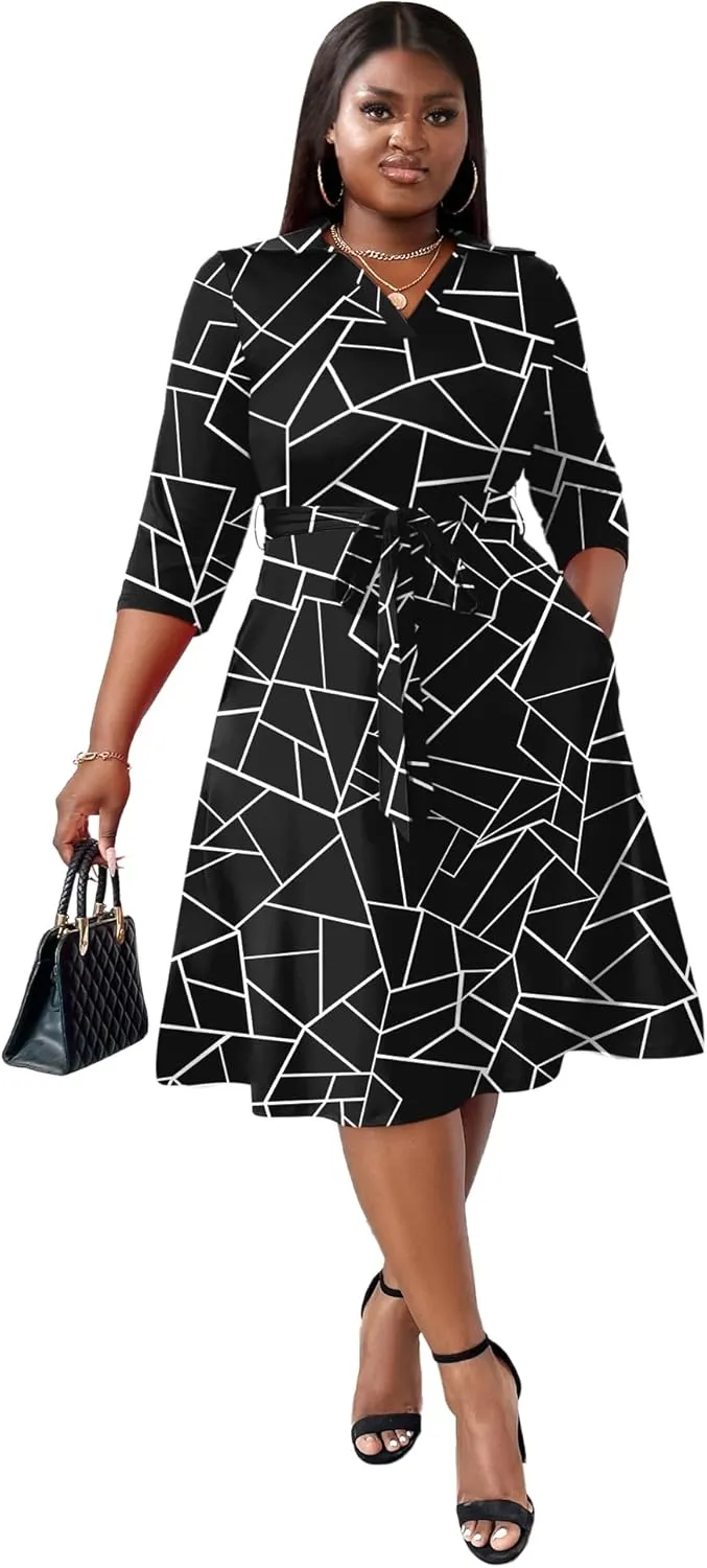 FANDEE Plus Size Midi Dress for Women - Printing Summer Dresses for Wedding Guest Cocktail Party 3/4 Sleeve V NeckXL-5XL