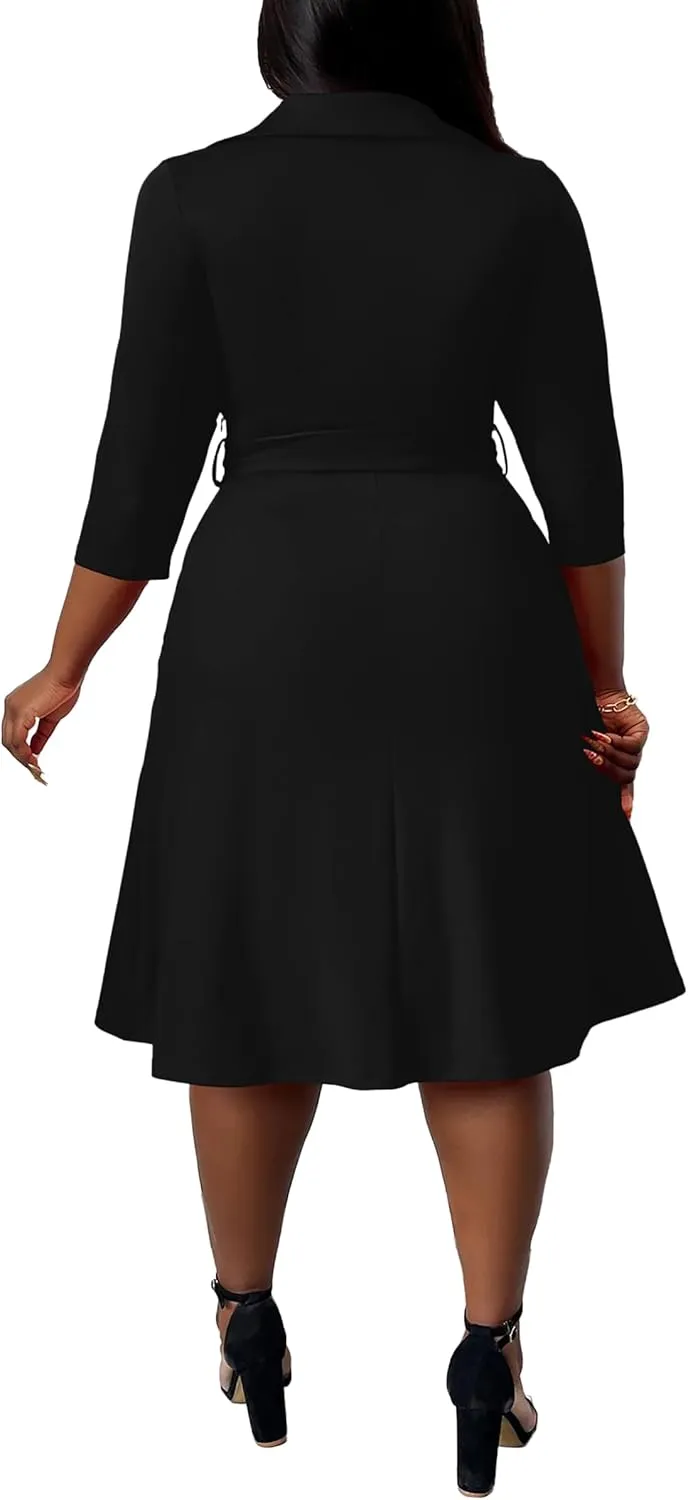 FANDEE Plus Size Midi Dress for Women - Printing Summer Dresses for Wedding Guest Cocktail Party 3/4 Sleeve V NeckXL-5XL