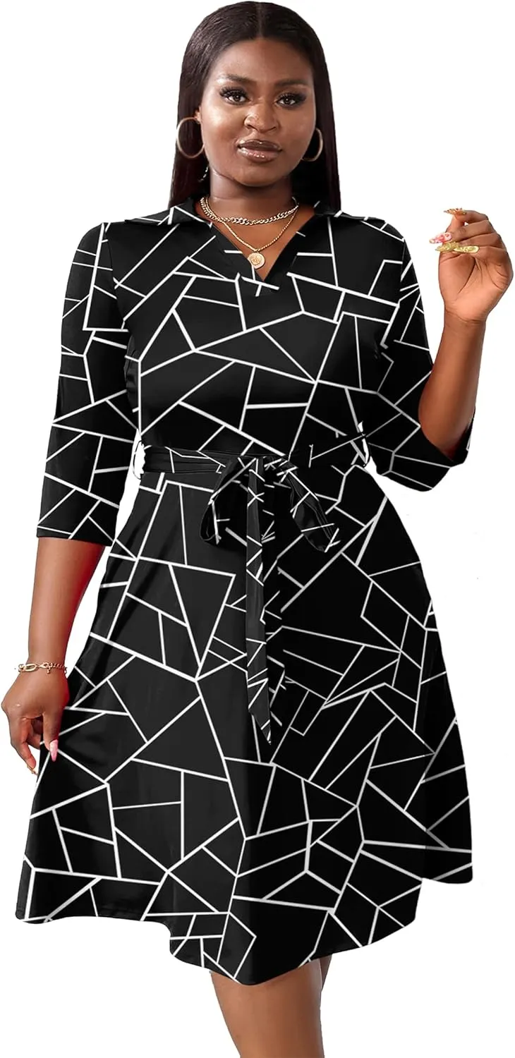 FANDEE Plus Size Midi Dress for Women - Printing Summer Dresses for Wedding Guest Cocktail Party 3/4 Sleeve V NeckXL-5XL
