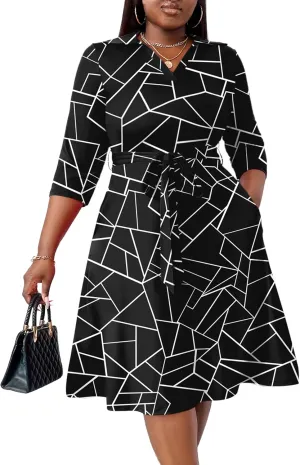 FANDEE Plus Size Midi Dress for Women - Printing Summer Dresses for Wedding Guest Cocktail Party 3/4 Sleeve V NeckXL-5XL