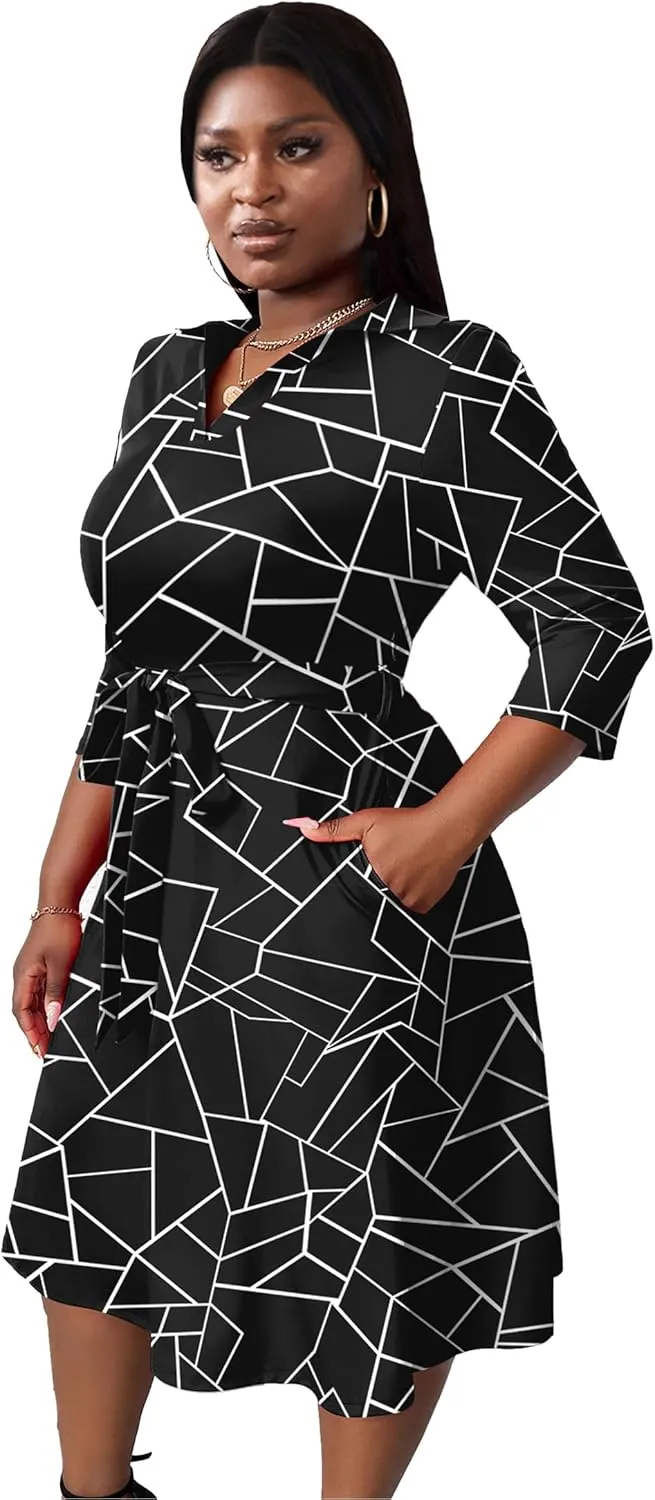 FANDEE Plus Size Midi Dress for Women - Printing Summer Dresses for Wedding Guest Cocktail Party 3/4 Sleeve V NeckXL-5XL