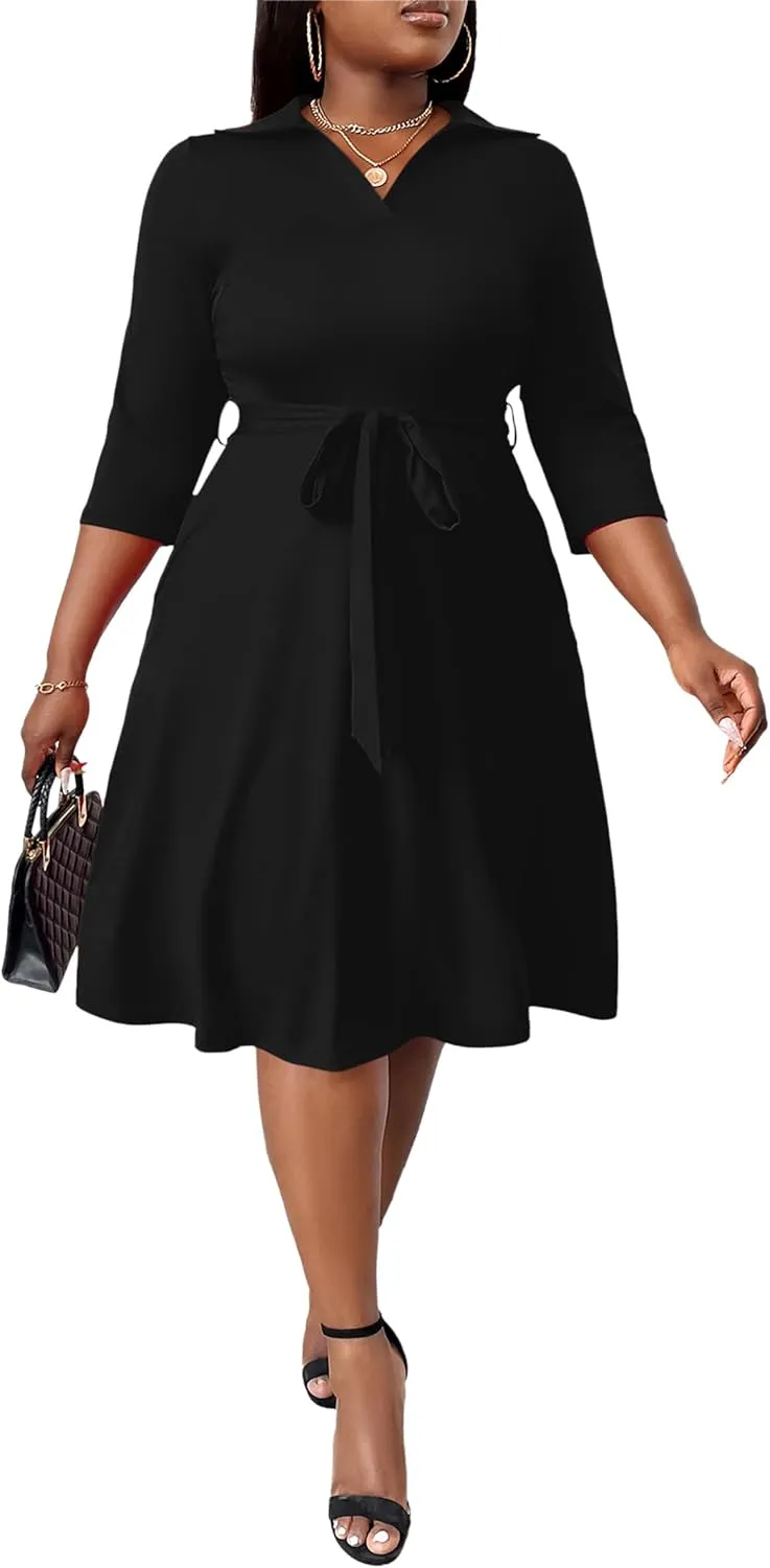FANDEE Plus Size Midi Dress for Women - Printing Summer Dresses for Wedding Guest Cocktail Party 3/4 Sleeve V NeckXL-5XL
