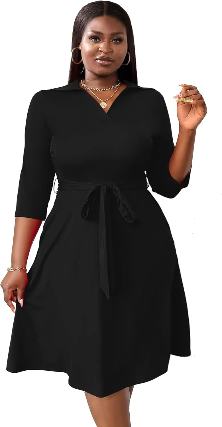 FANDEE Plus Size Midi Dress for Women - Printing Summer Dresses for Wedding Guest Cocktail Party 3/4 Sleeve V NeckXL-5XL