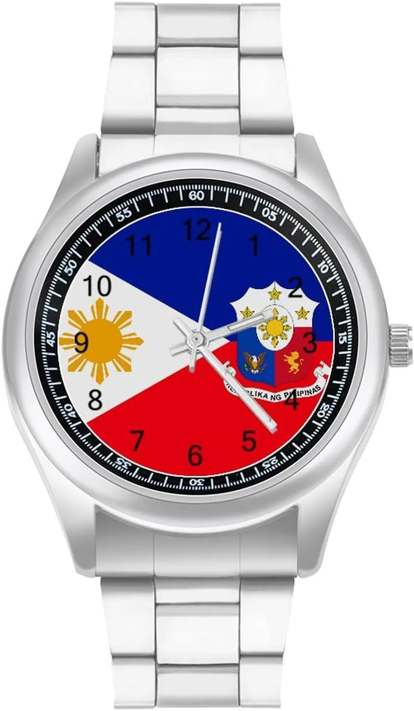 Filipino Philippine Flag National Emblem Stainless Steel Strap Simple Business Watches for Men Easy Reader Work Casual Watch