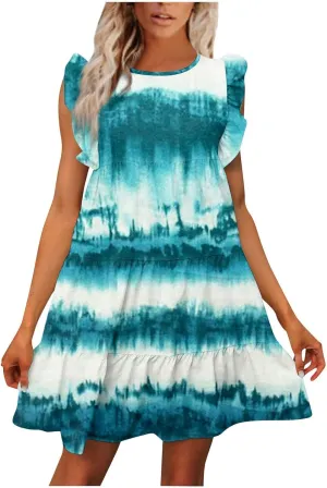 Firzero Summer Babydolls Dresses for Women 2024 Cute Ruffle Cap Sleeve Flowy Mini Dress Casual Floral Printed Round Neck Sundress