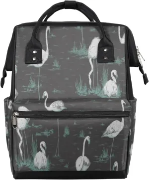 Flamingos Dark Grey Diaper Bag Tote Large Capacity Waterproof with Adjustable Shoulder Strap and Pram Straps Mommy Bag for Hospital Beach Weekender Travel