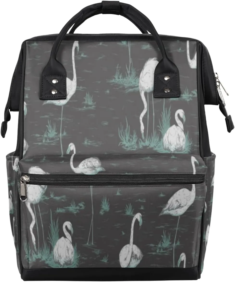 Flamingos Dark Grey Diaper Bag Tote Large Capacity Waterproof with Adjustable Shoulder Strap and Pram Straps Mommy Bag for Hospital Beach Weekender Travel
