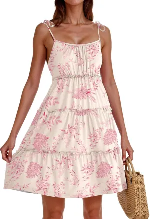 Floral Mini Dresses for Women Spaghetti Strap Tiered Ruffle Flowy Sundress Summer Vacation A Line Short Skater Dress