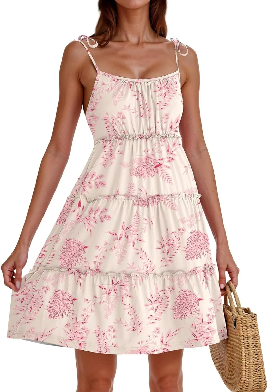Floral Mini Dresses for Women Spaghetti Strap Tiered Ruffle Flowy Sundress Summer Vacation A Line Short Skater Dress
