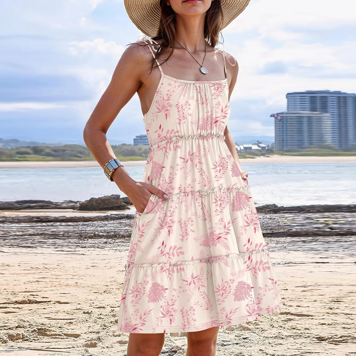 Floral Mini Dresses for Women Spaghetti Strap Tiered Ruffle Flowy Sundress Summer Vacation A Line Short Skater Dress