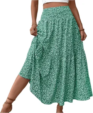 Floral Skirts for Women 2025 Spring Summer Trendy Elastic Waist Maxi Skirts Flowy Bohemian Ruffle Skirt with Pockets