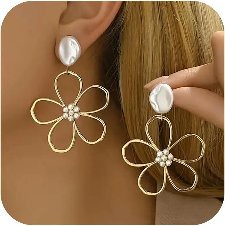Flower Pearl Earrings for Women Hollow Elegant Dangle Drop Jewelry with Floral Design Spring Accessories